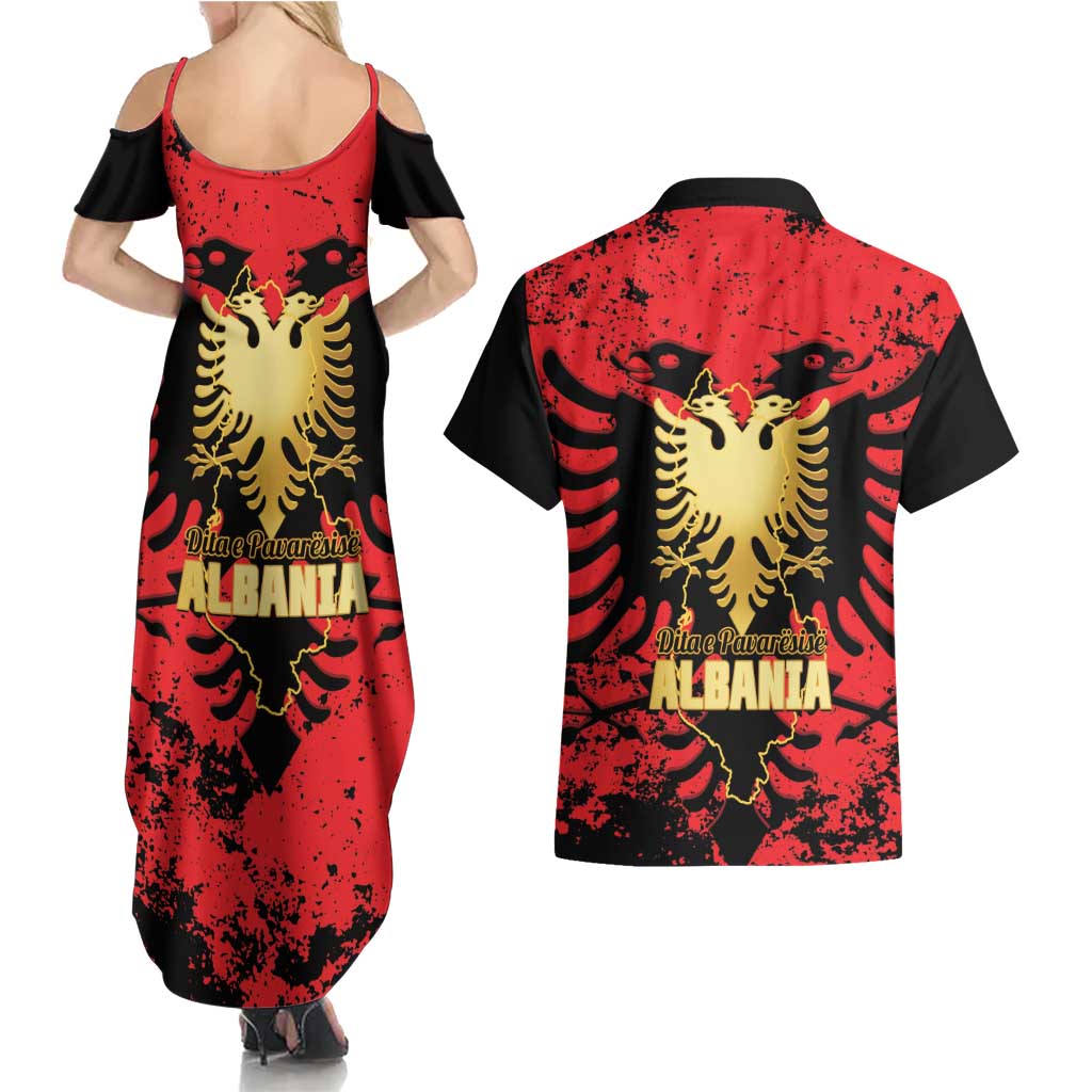 Albania Independence Day Couples Matching Summer Maxi Dress and Hawaiian Shirt Dita e Pavaresise Map Grunge Style - Wonder Print Shop