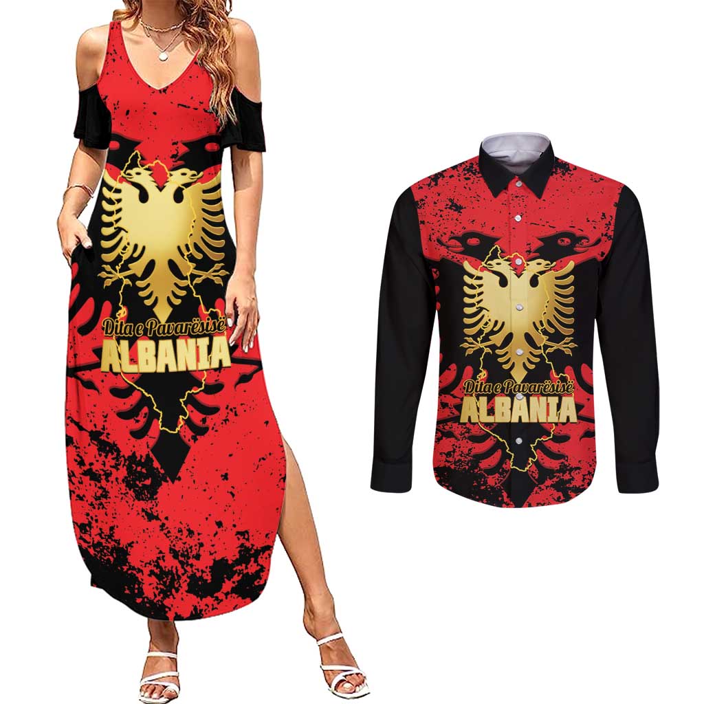 Albania Independence Day Couples Matching Summer Maxi Dress and Long Sleeve Button Shirt Dita e Pavaresise Map Grunge Style - Wonder Print Shop