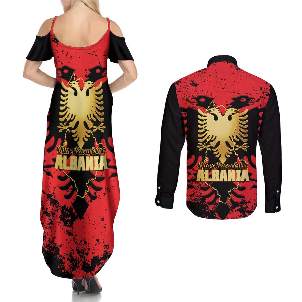 Albania Independence Day Couples Matching Summer Maxi Dress and Long Sleeve Button Shirt Dita e Pavaresise Map Grunge Style - Wonder Print Shop