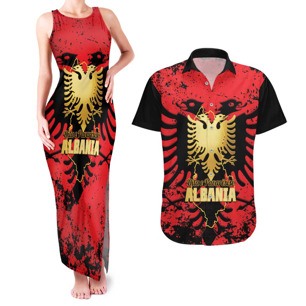 Albania Independence Day Couples Matching Tank Maxi Dress and Hawaiian Shirt Dita e Pavaresise Map Grunge Style - Wonder Print Shop