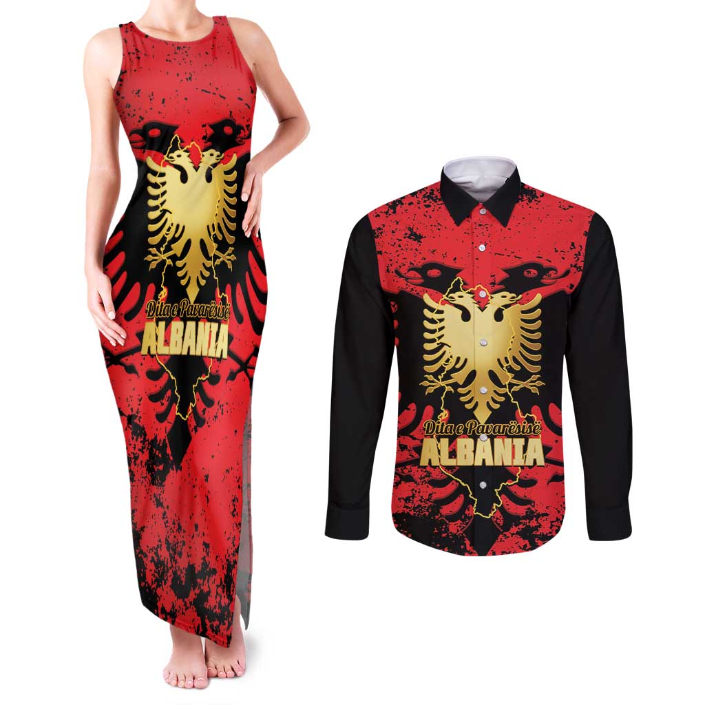 Albania Independence Day Couples Matching Tank Maxi Dress and Long Sleeve Button Shirt Dita e Pavaresise Map Grunge Style - Wonder Print Shop