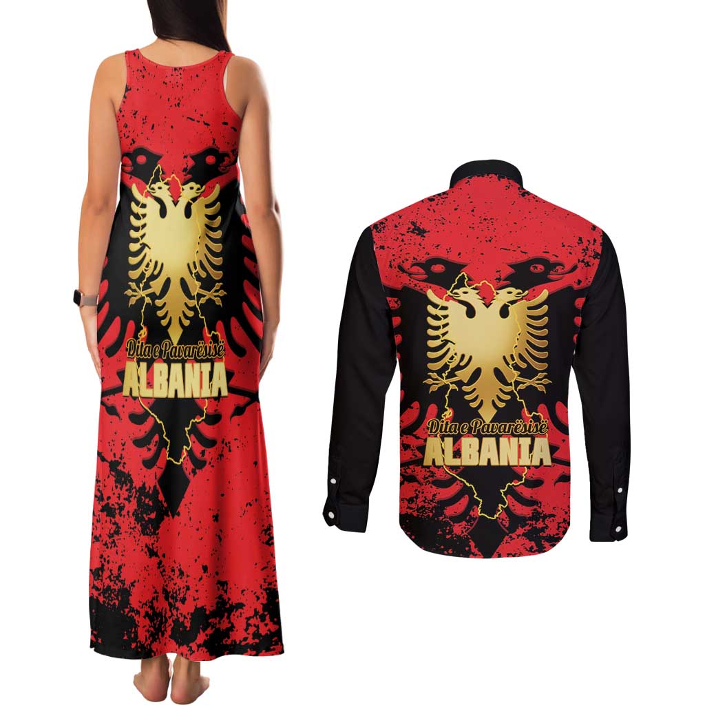 Albania Independence Day Couples Matching Tank Maxi Dress and Long Sleeve Button Shirt Dita e Pavaresise Map Grunge Style - Wonder Print Shop