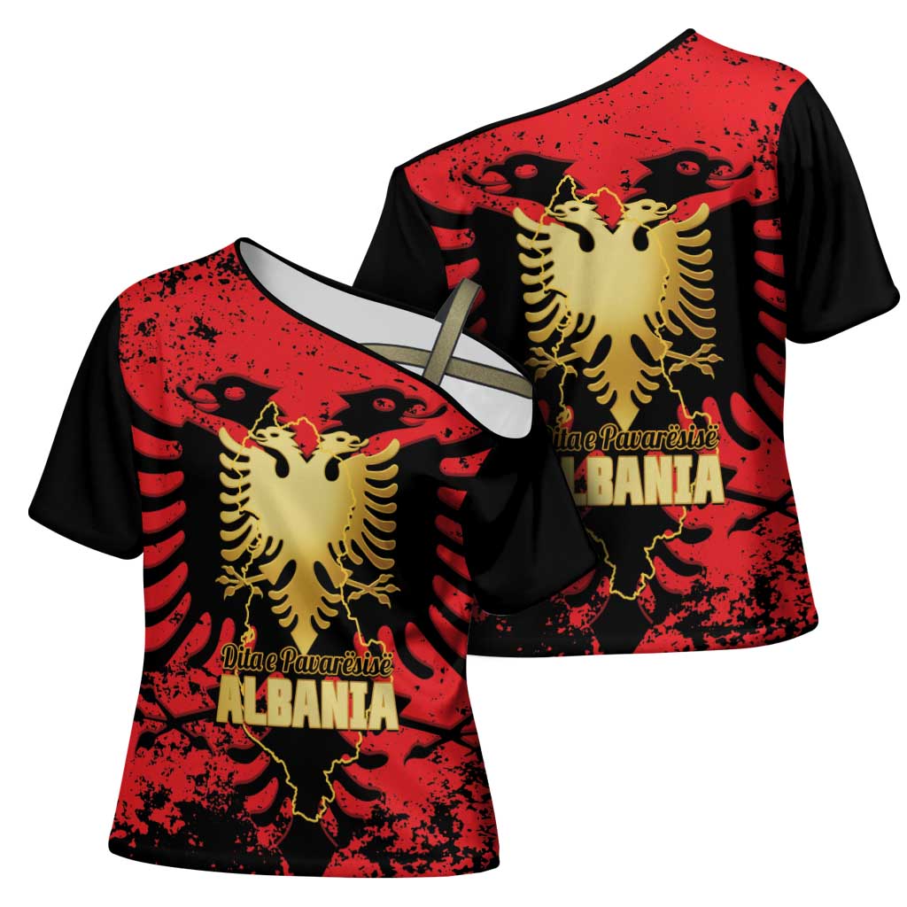 Albania Independence Day Cross Shoulder Shirt Dita e Pavaresise Map Grunge Style - Wonder Print Shop