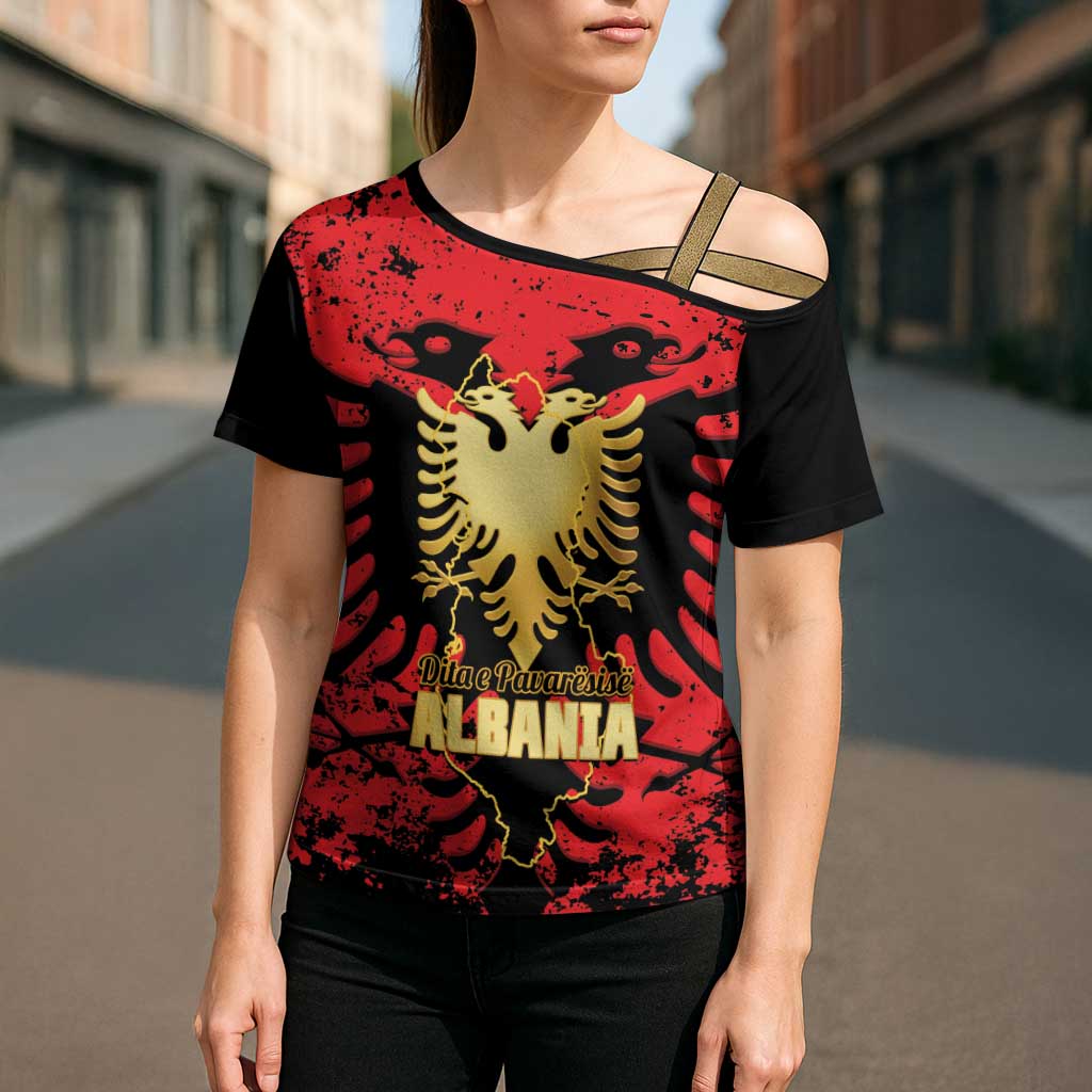 Albania Independence Day Cross Shoulder Shirt Dita e Pavaresise Map Grunge Style - Wonder Print Shop