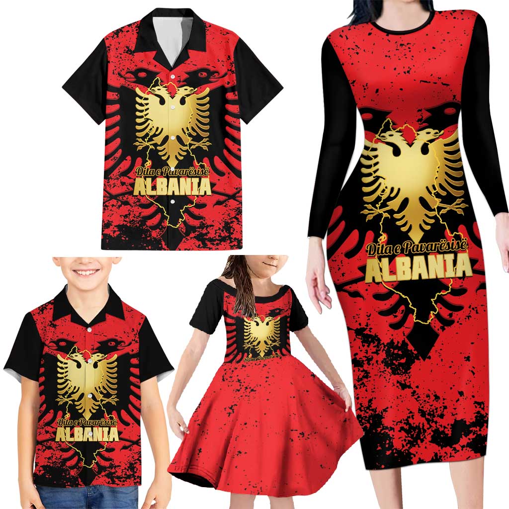 Albania Independence Day Family Matching Long Sleeve Bodycon Dress and Hawaiian Shirt Dita e Pavaresise Map Grunge Style - Wonder Print Shop