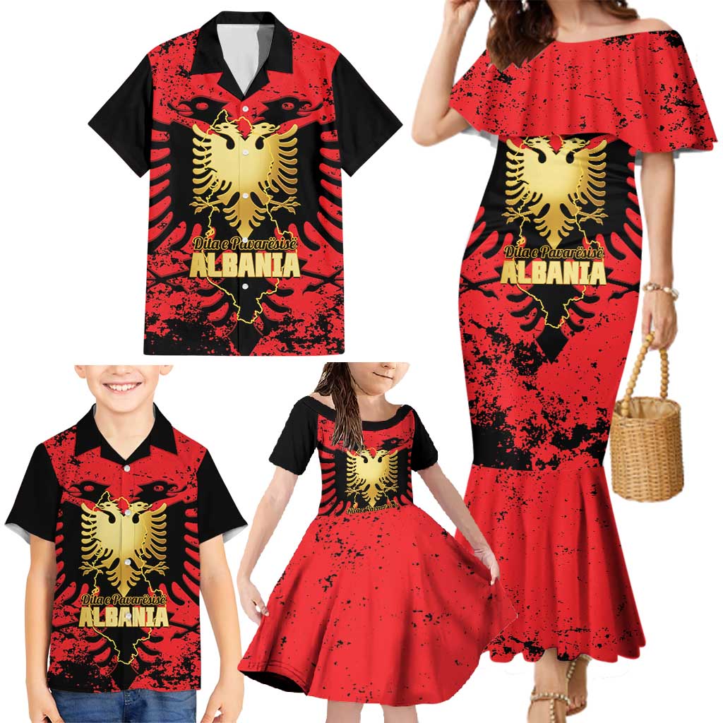 Albania Independence Day Family Matching Mermaid Dress and Hawaiian Shirt Dita e Pavaresise Map Grunge Style - Wonder Print Shop