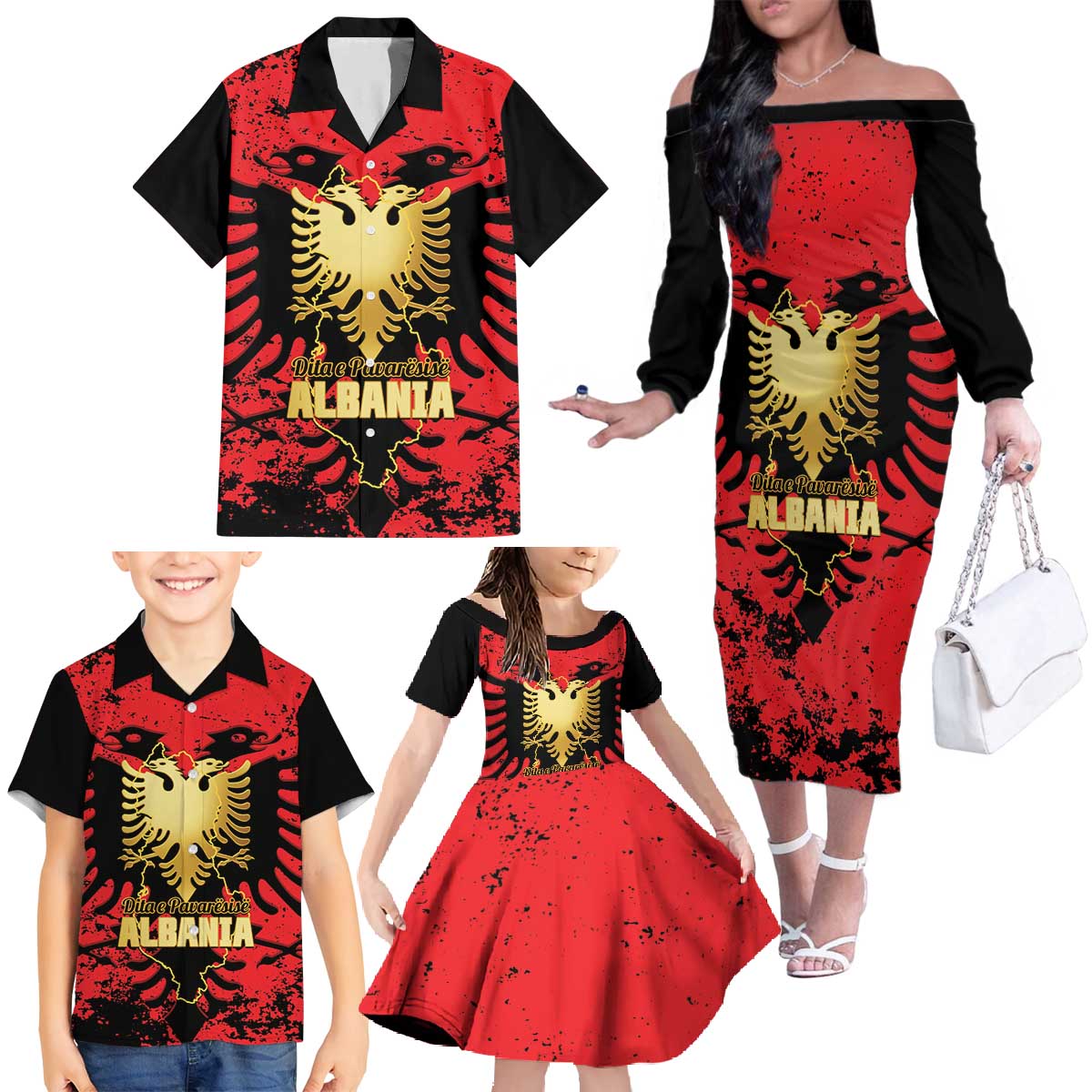 Albania Independence Day Family Matching Off The Shoulder Long Sleeve Dress and Hawaiian Shirt Dita e Pavaresise Map Grunge Style - Wonder Print Shop
