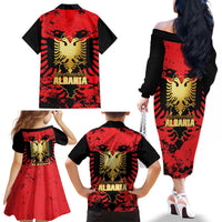 Albania Independence Day Family Matching Off The Shoulder Long Sleeve Dress and Hawaiian Shirt Dita e Pavaresise Map Grunge Style - Wonder Print Shop
