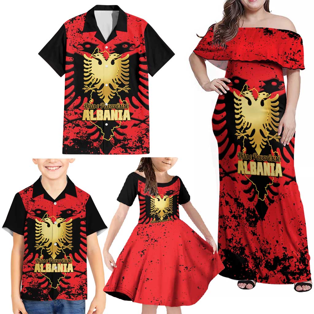 Albania Independence Day Family Matching Off Shoulder Maxi Dress and Hawaiian Shirt Dita e Pavaresise Map Grunge Style - Wonder Print Shop