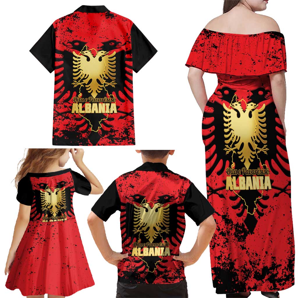 Albania Independence Day Family Matching Off Shoulder Maxi Dress and Hawaiian Shirt Dita e Pavaresise Map Grunge Style - Wonder Print Shop