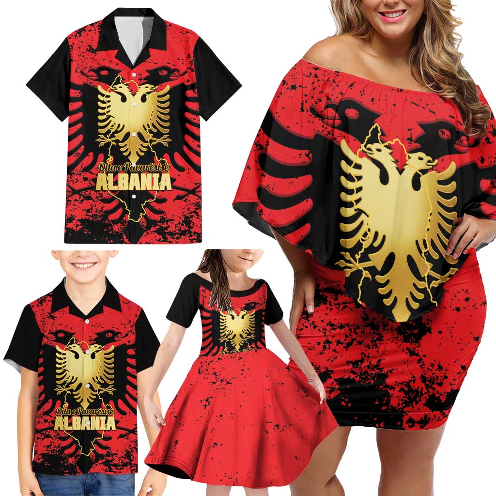 Albania Independence Day Family Matching Off Shoulder Short Dress and Hawaiian Shirt Dita e Pavaresise Map Grunge Style - Wonder Print Shop
