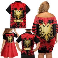 Albania Independence Day Family Matching Off Shoulder Short Dress and Hawaiian Shirt Dita e Pavaresise Map Grunge Style - Wonder Print Shop