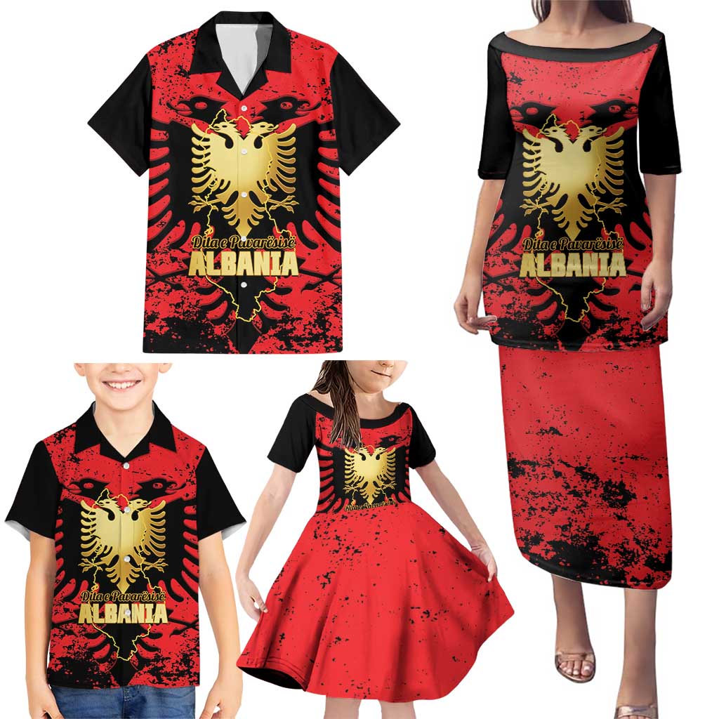 Albania Independence Day Family Matching Puletasi and Hawaiian Shirt Dita e Pavaresise Map Grunge Style - Wonder Print Shop