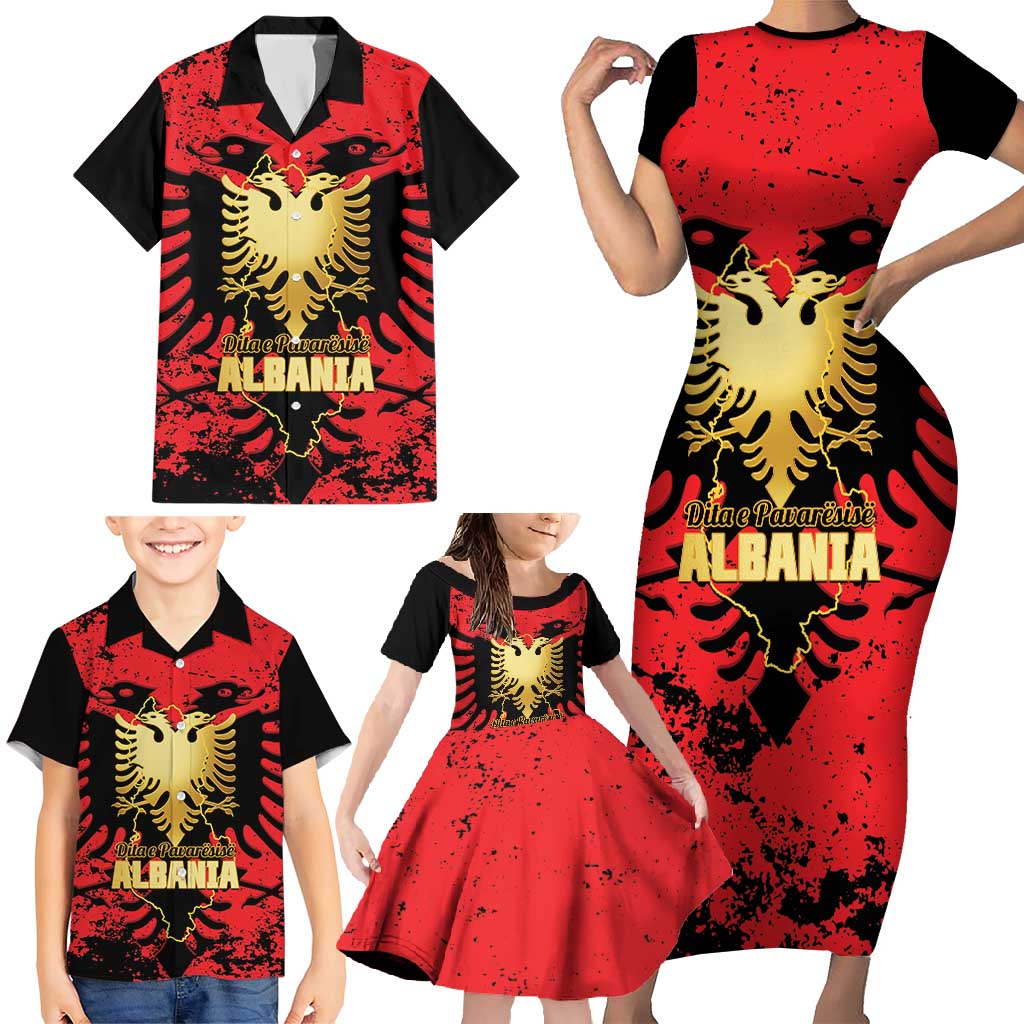 Albania Independence Day Family Matching Short Sleeve Bodycon Dress and Hawaiian Shirt Dita e Pavaresise Map Grunge Style - Wonder Print Shop