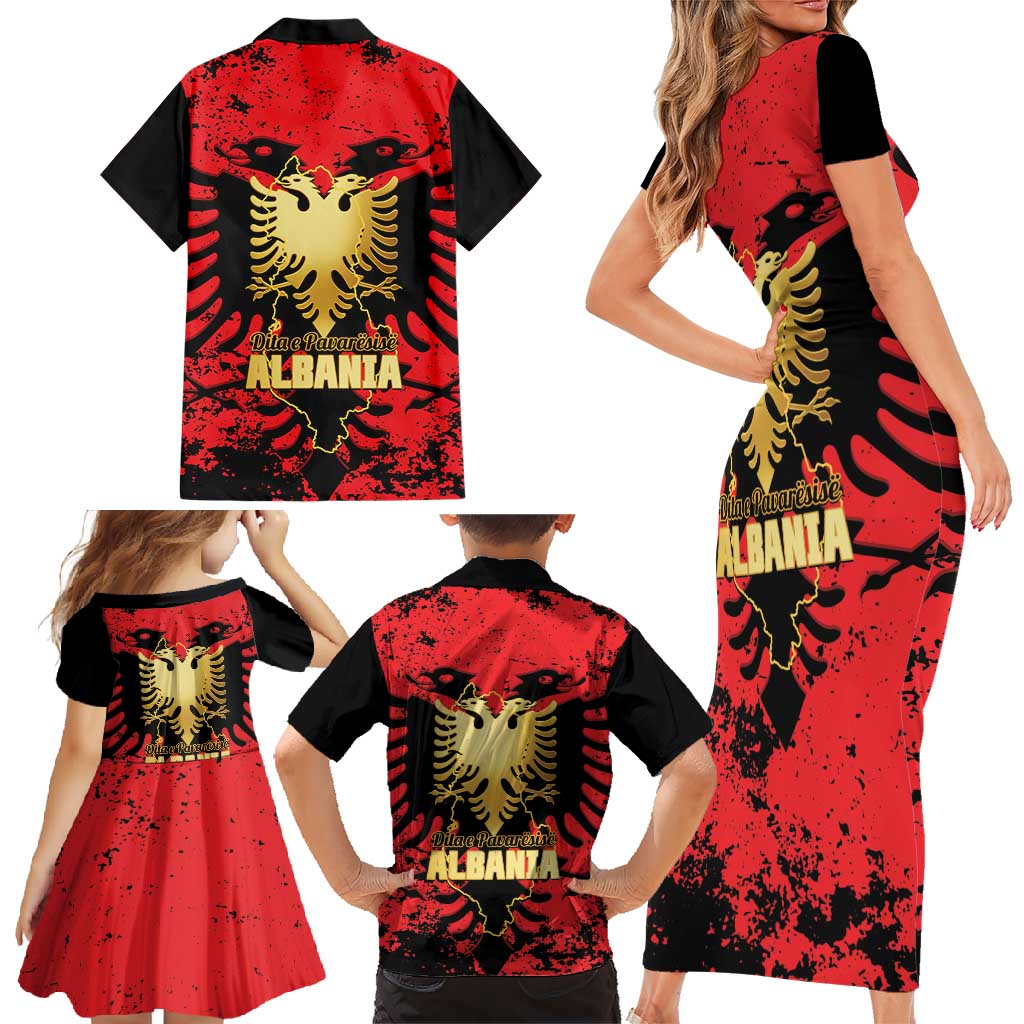 Albania Independence Day Family Matching Short Sleeve Bodycon Dress and Hawaiian Shirt Dita e Pavaresise Map Grunge Style - Wonder Print Shop
