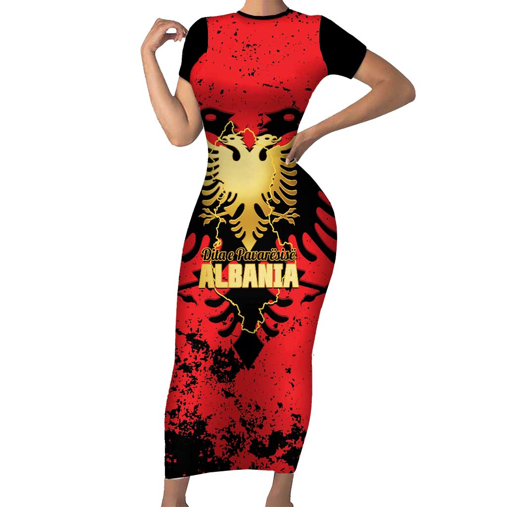 Albania Independence Day Family Matching Short Sleeve Bodycon Dress and Hawaiian Shirt Dita e Pavaresise Map Grunge Style - Wonder Print Shop