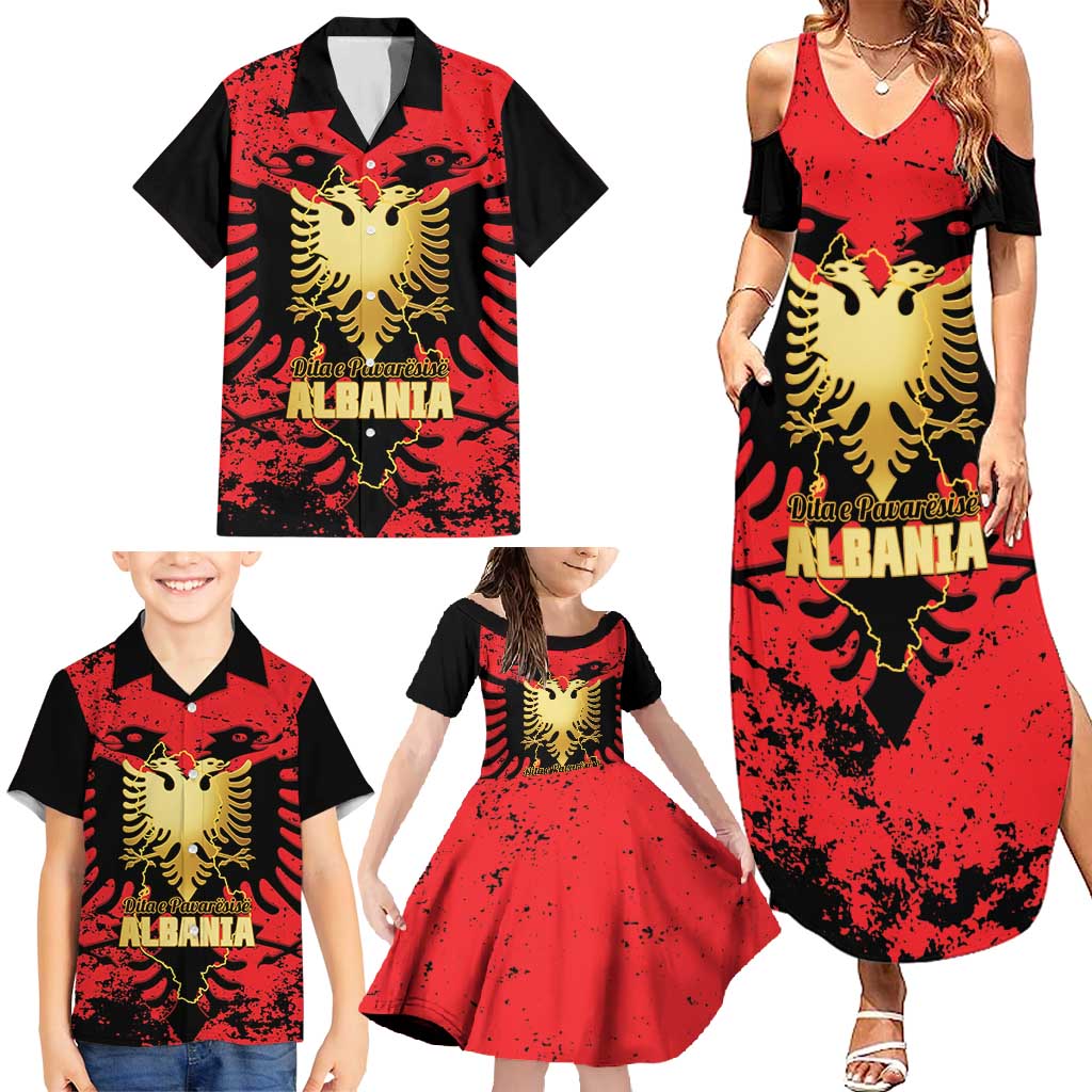 Albania Independence Day Family Matching Summer Maxi Dress and Hawaiian Shirt Dita e Pavaresise Map Grunge Style - Wonder Print Shop