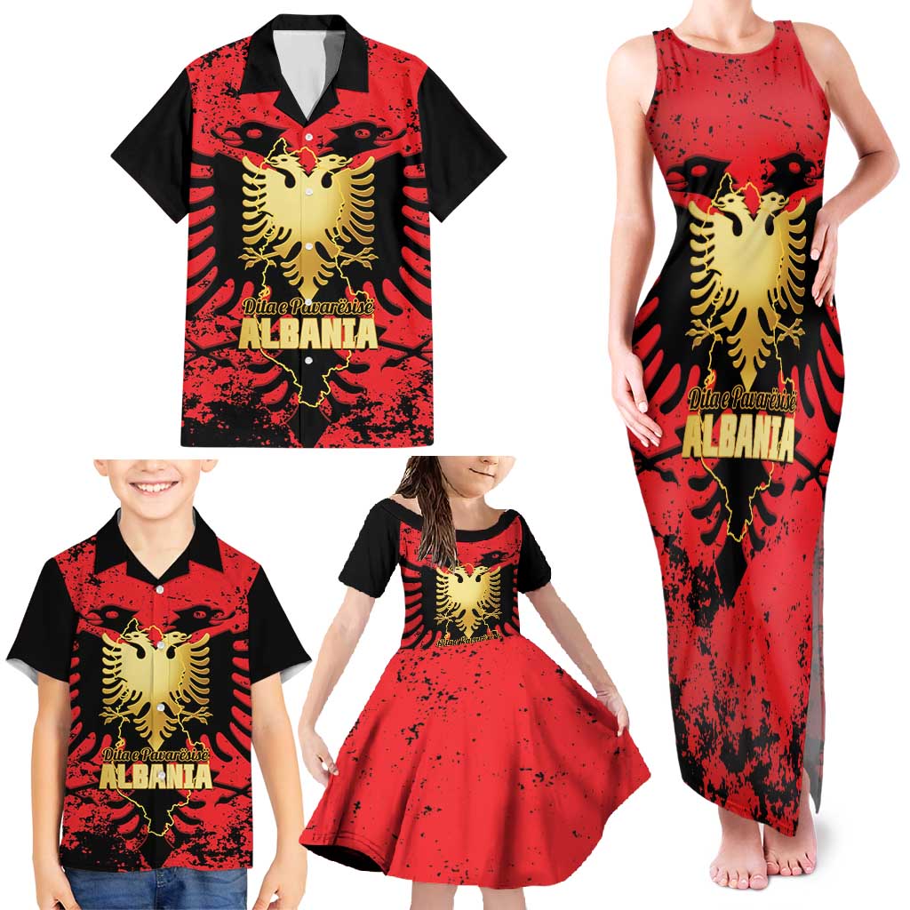 Albania Independence Day Family Matching Tank Maxi Dress and Hawaiian Shirt Dita e Pavaresise Map Grunge Style - Wonder Print Shop