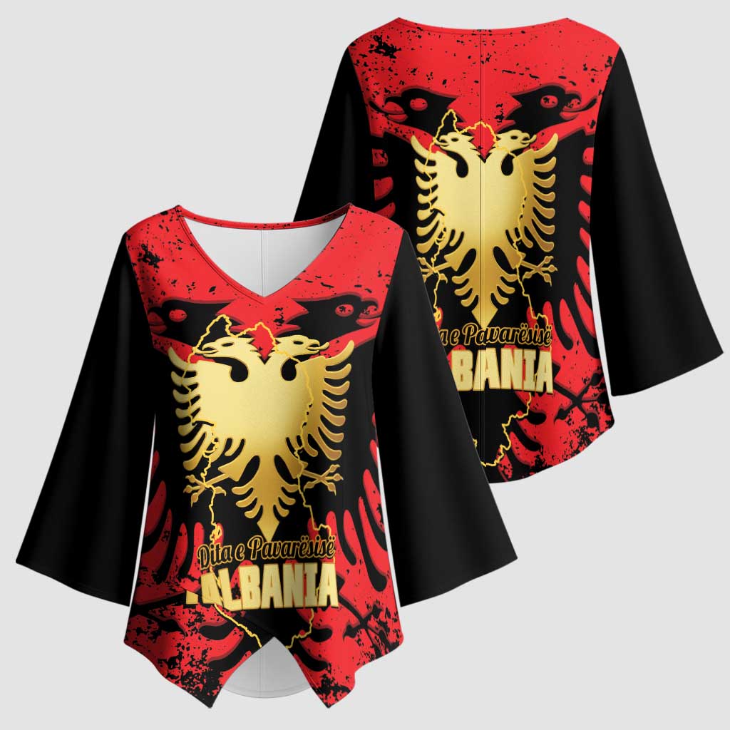 Albania Independence Day Kimono Sleeve Blouse Dita e Pavaresise Map Grunge Style - Wonder Print Shop