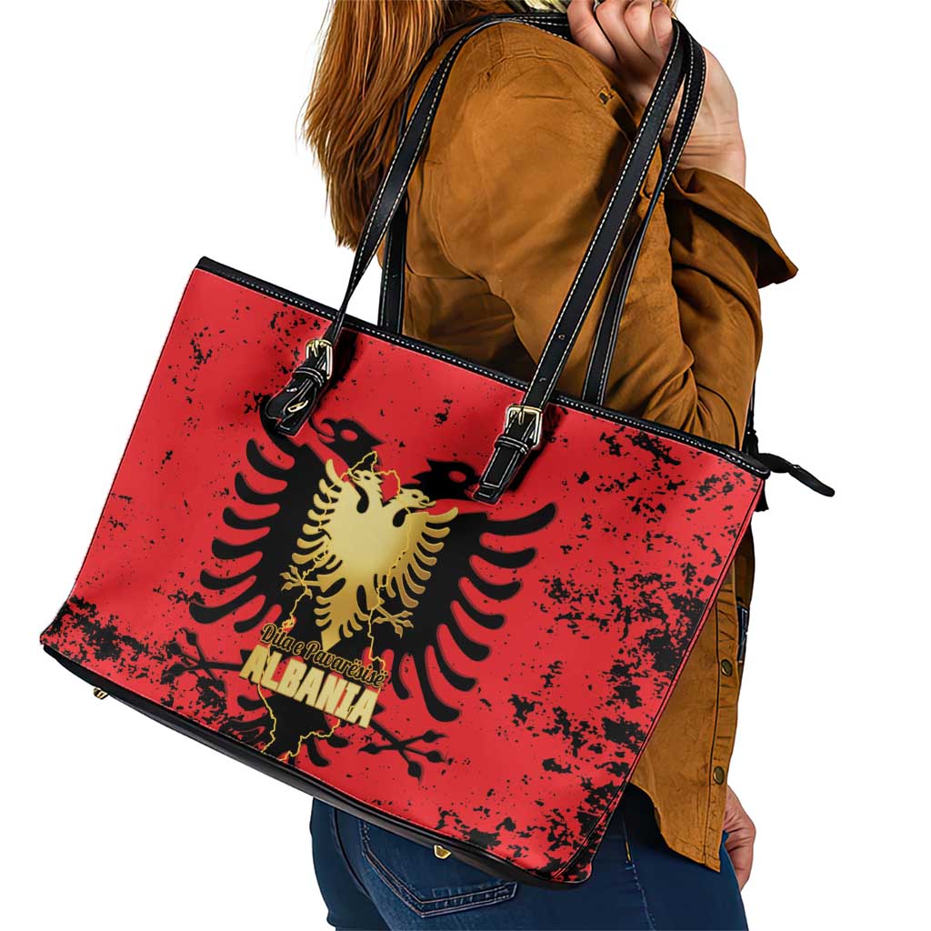 Albania Independence Day Leather Tote Bag Dita e Pavaresise Map Grunge Style - Wonder Print Shop