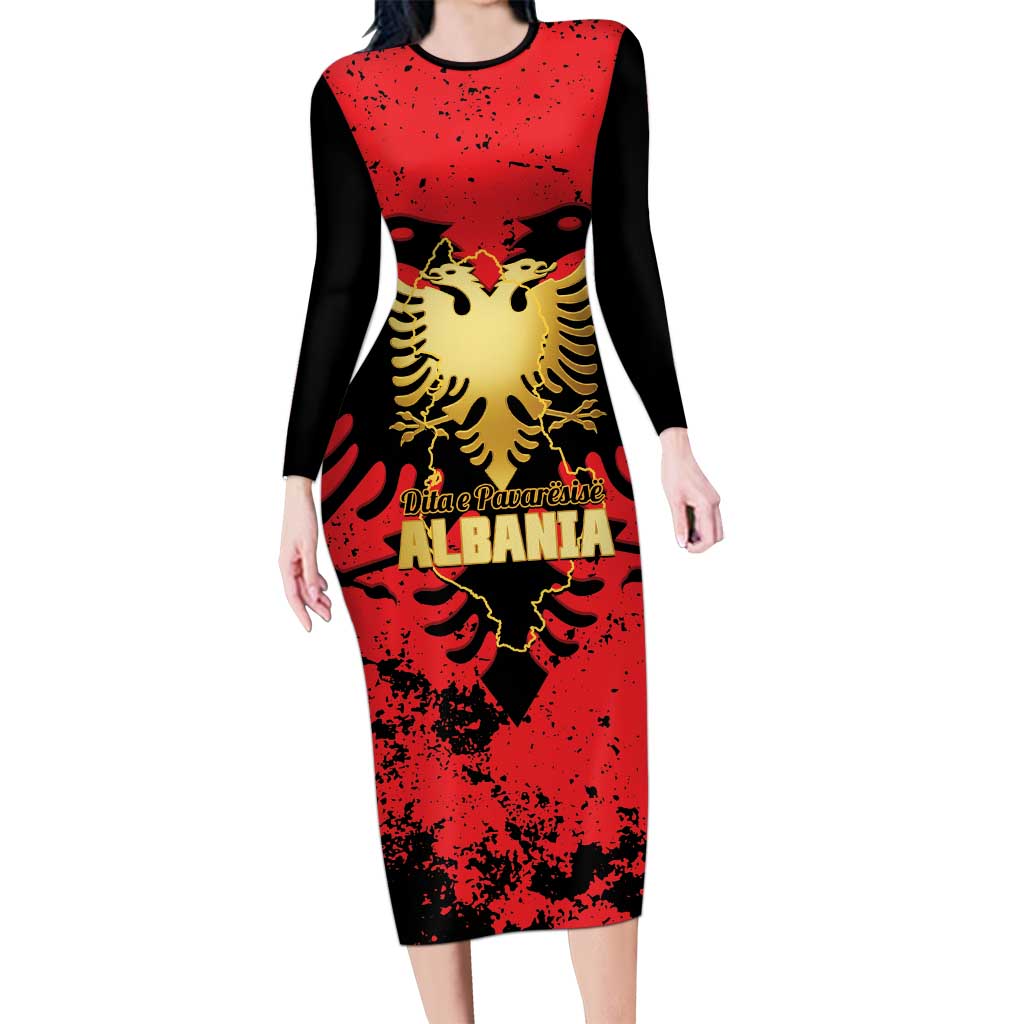 Albania Independence Day Long Sleeve Bodycon Dress Dita e Pavaresise Map Grunge Style - Wonder Print Shop