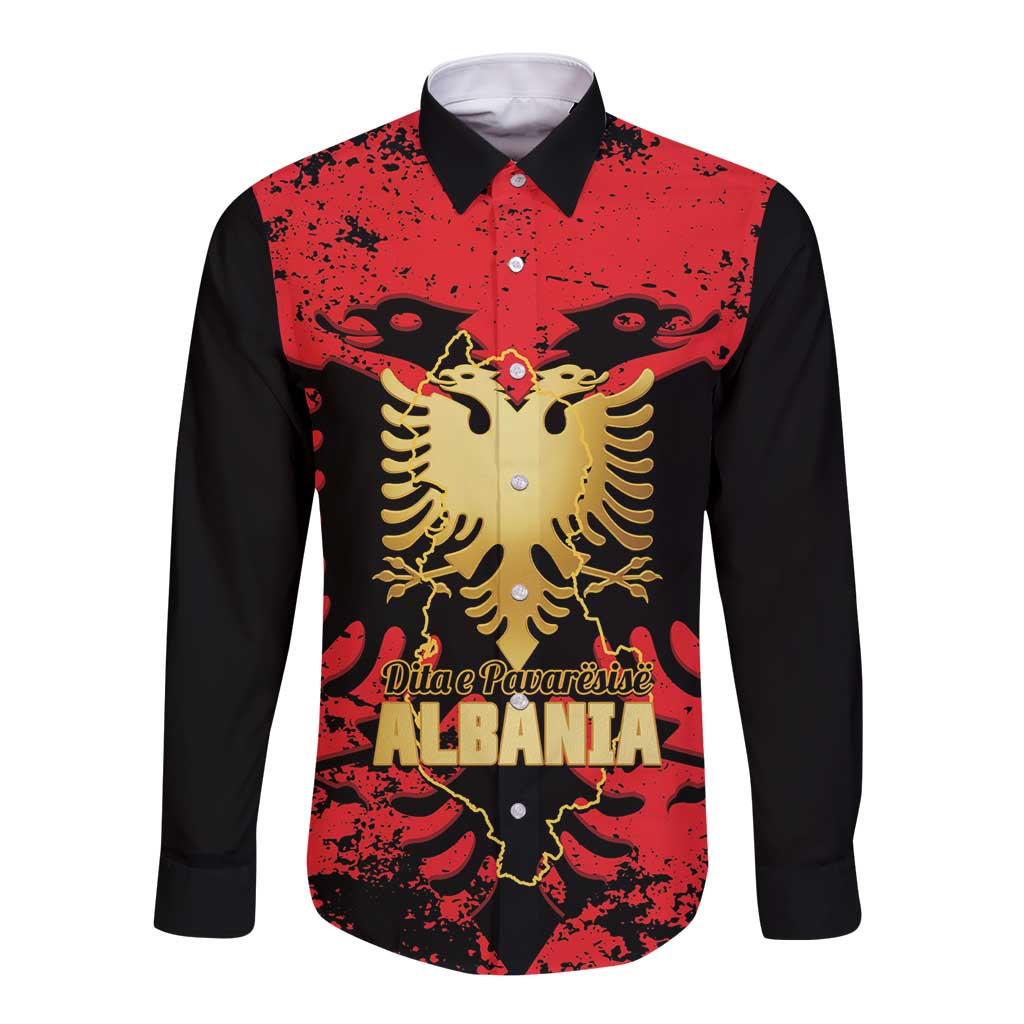 Albania Independence Day Long Sleeve Button Shirt Dita e Pavaresise Map Grunge Style - Wonder Print Shop