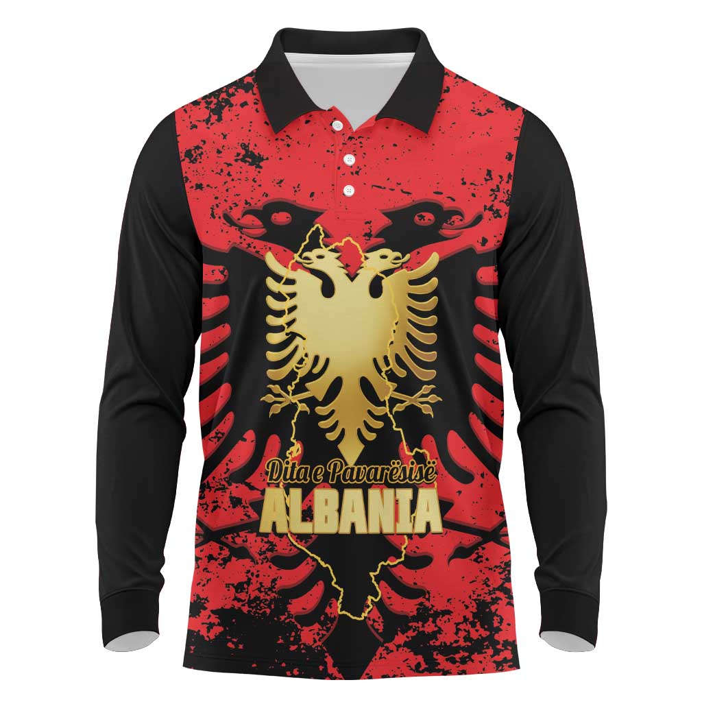 Albania Independence Day Long Sleeve Polo Shirt Dita e Pavaresise Map Grunge Style - Wonder Print Shop
