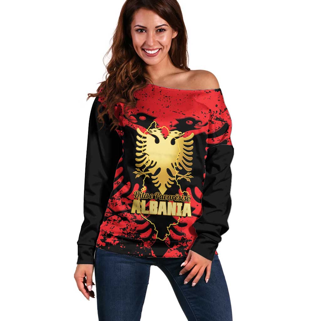 Albania Independence Day Off Shoulder Sweater Dita e Pavaresise Map Grunge Style - Wonder Print Shop