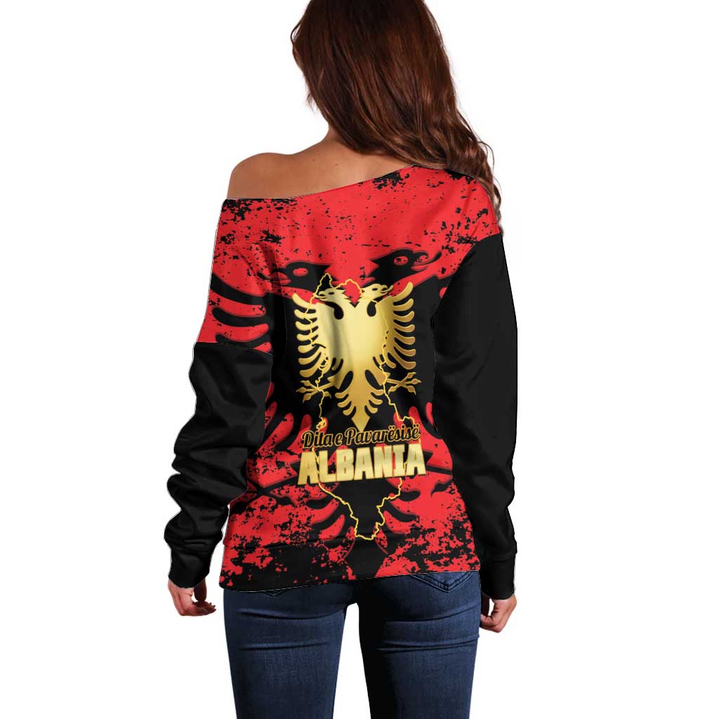 Albania Independence Day Off Shoulder Sweater Dita e Pavaresise Map Grunge Style - Wonder Print Shop