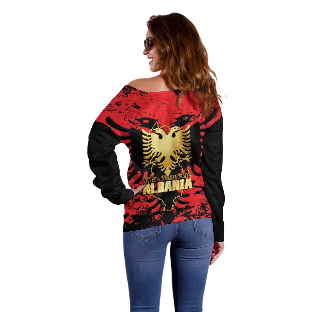 Albania Independence Day Off Shoulder Sweater Dita e Pavaresise Map Grunge Style - Wonder Print Shop