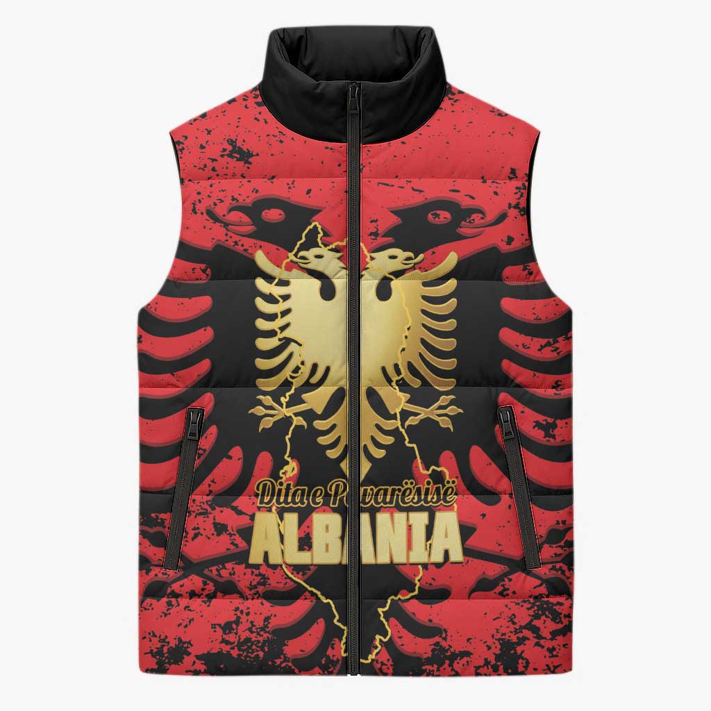 Albania Independence Day Sleeveless Puffer Jacket Dita e Pavaresise Map Grunge Style - Wonder Print Shop