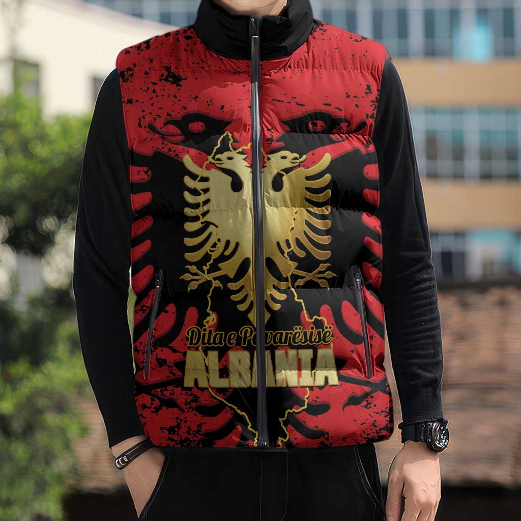 Albania Independence Day Sleeveless Puffer Jacket Dita e Pavaresise Map Grunge Style - Wonder Print Shop