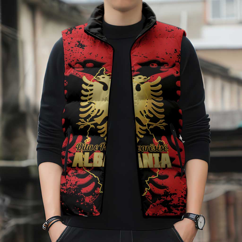 Albania Independence Day Sleeveless Puffer Jacket Dita e Pavaresise Map Grunge Style - Wonder Print Shop