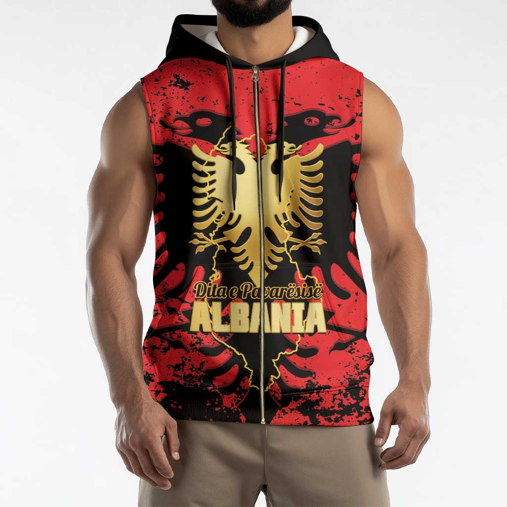 Albania Independence Day Sleeveless Zip Hoodie Dita e Pavaresise Map Grunge Style - Wonder Print Shop