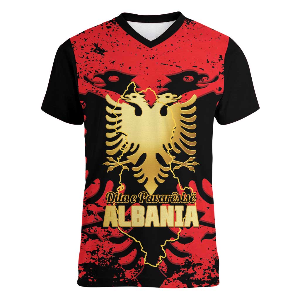 Albania Independence Day Women V-Neck T-Shirt Dita e Pavaresise Map Grunge Style - Wonder Print Shop