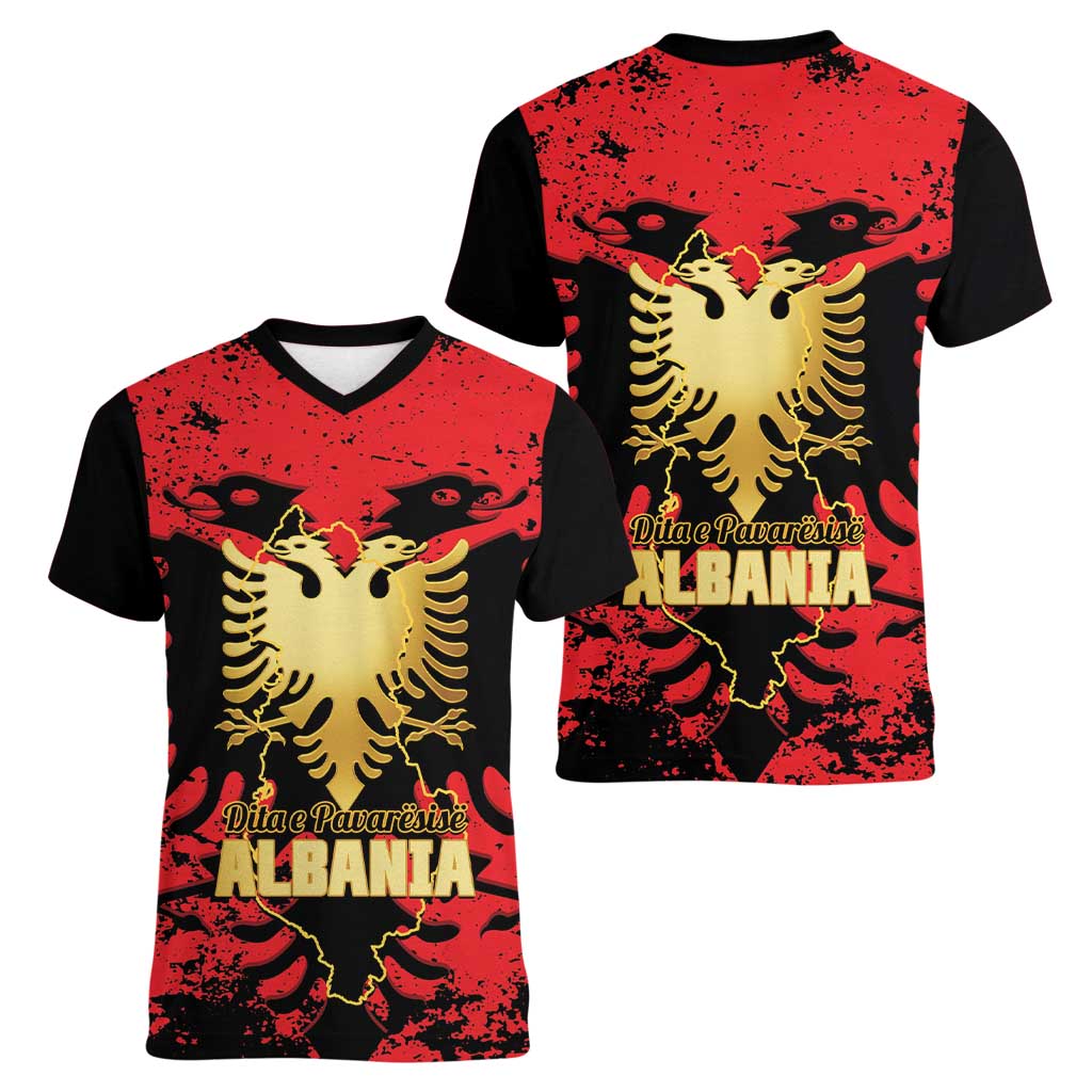 Albania Independence Day Women V-Neck T-Shirt Dita e Pavaresise Map Grunge Style - Wonder Print Shop