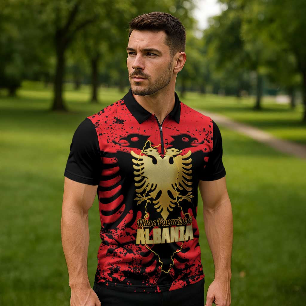 Albania Independence Day Zipper Polo Shirt Dita e Pavaresise Map Grunge Style - Wonder Print Shop