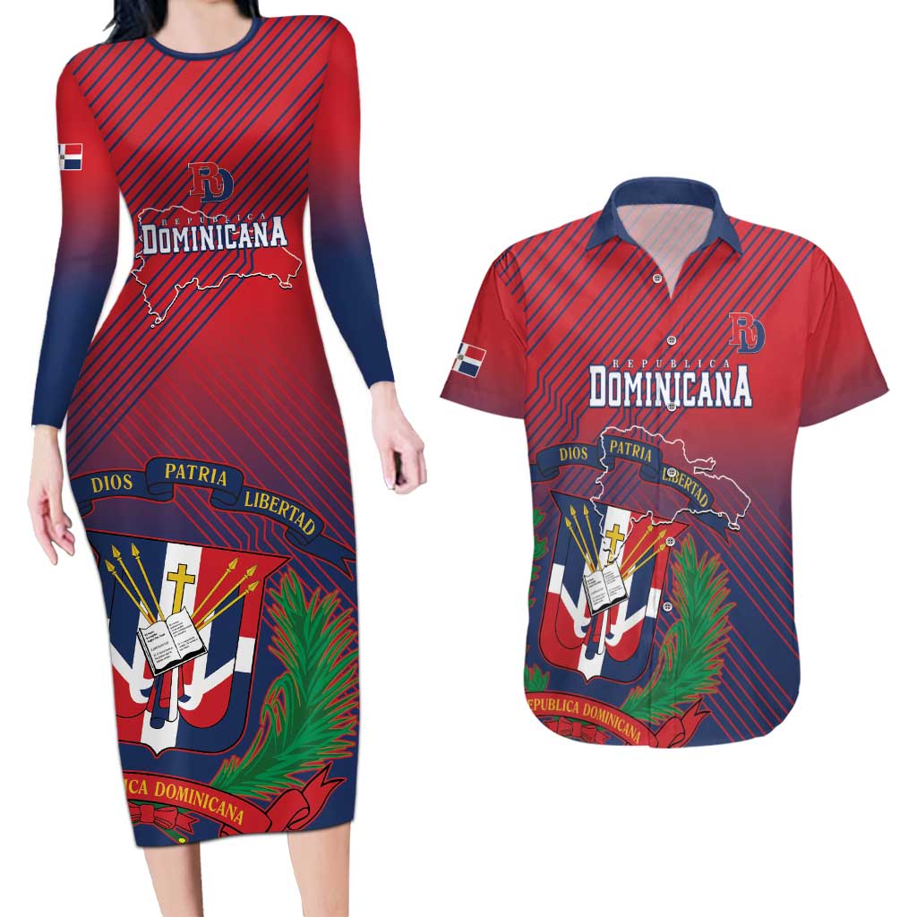 Dominican Republic 2026 Baseball Custom Couples Matching Long Sleeve Bodycon Dress and Hawaiian Shirt Coat Of Arms Gradient Style - Wonder Print Shop