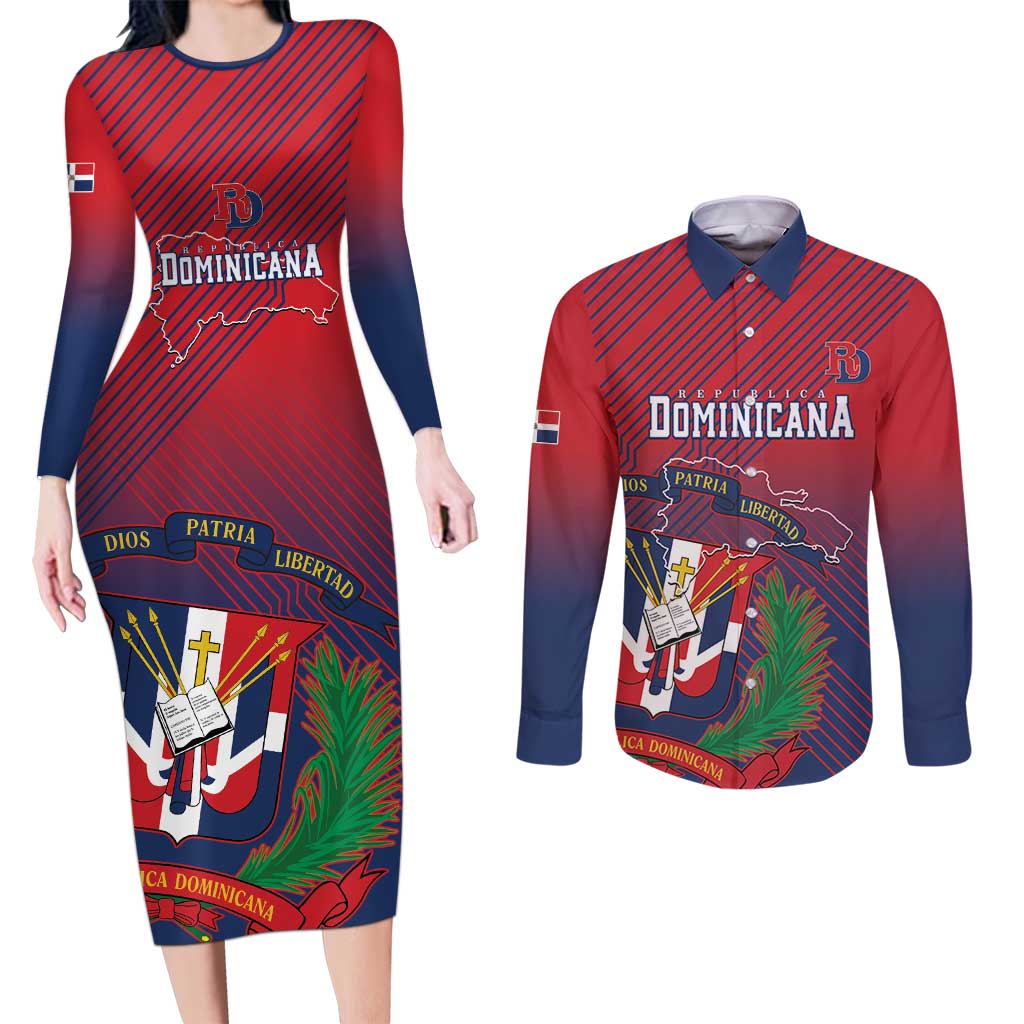 Dominican Republic 2026 Baseball Custom Couples Matching Long Sleeve Bodycon Dress and Long Sleeve Button Shirt Coat Of Arms Gradient Style - Wonder Print Shop