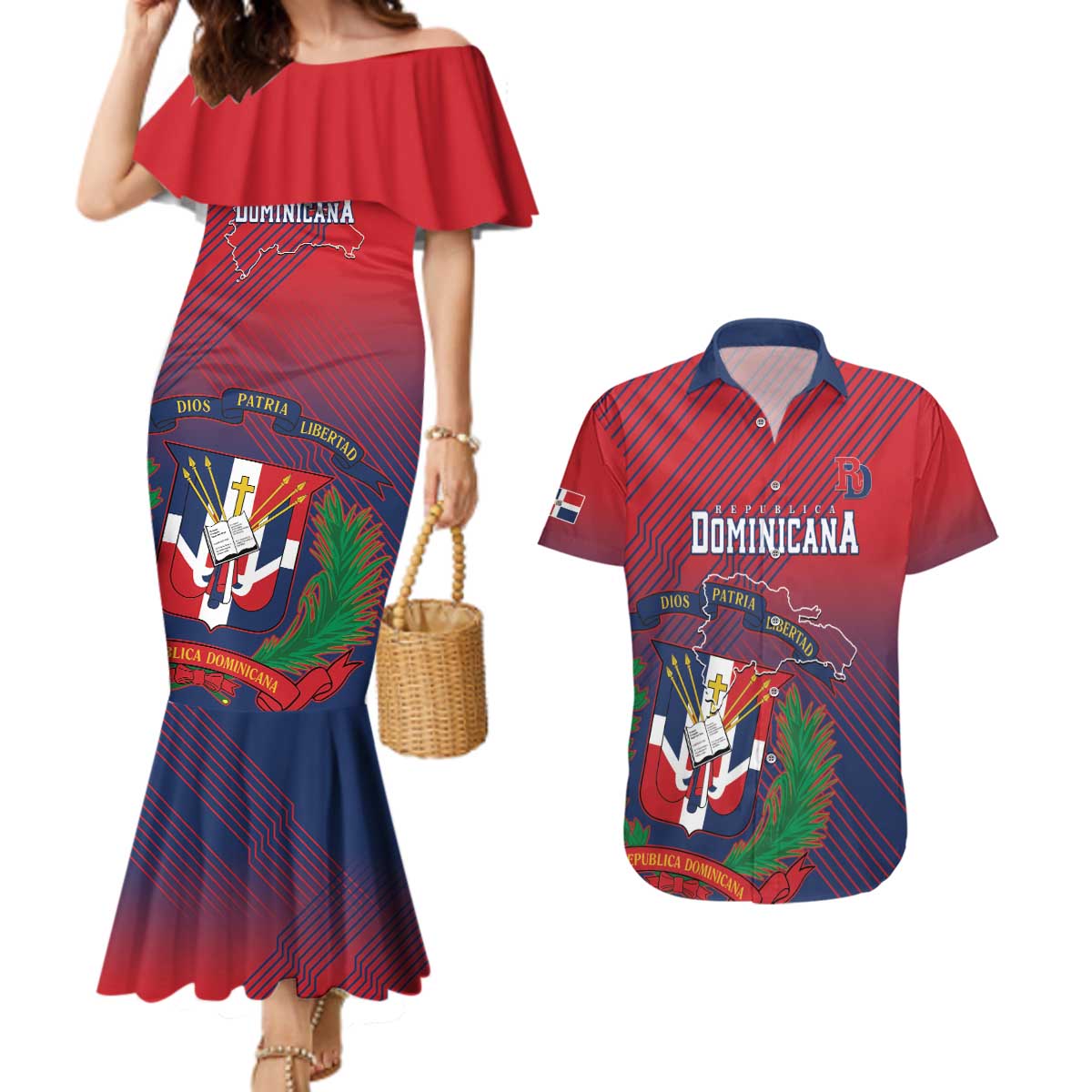 Dominican Republic 2026 Baseball Custom Couples Matching Mermaid Dress and Hawaiian Shirt Coat Of Arms Gradient Style - Wonder Print Shop
