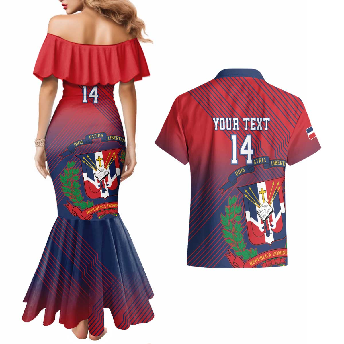 Dominican Republic 2026 Baseball Custom Couples Matching Mermaid Dress and Hawaiian Shirt Coat Of Arms Gradient Style - Wonder Print Shop