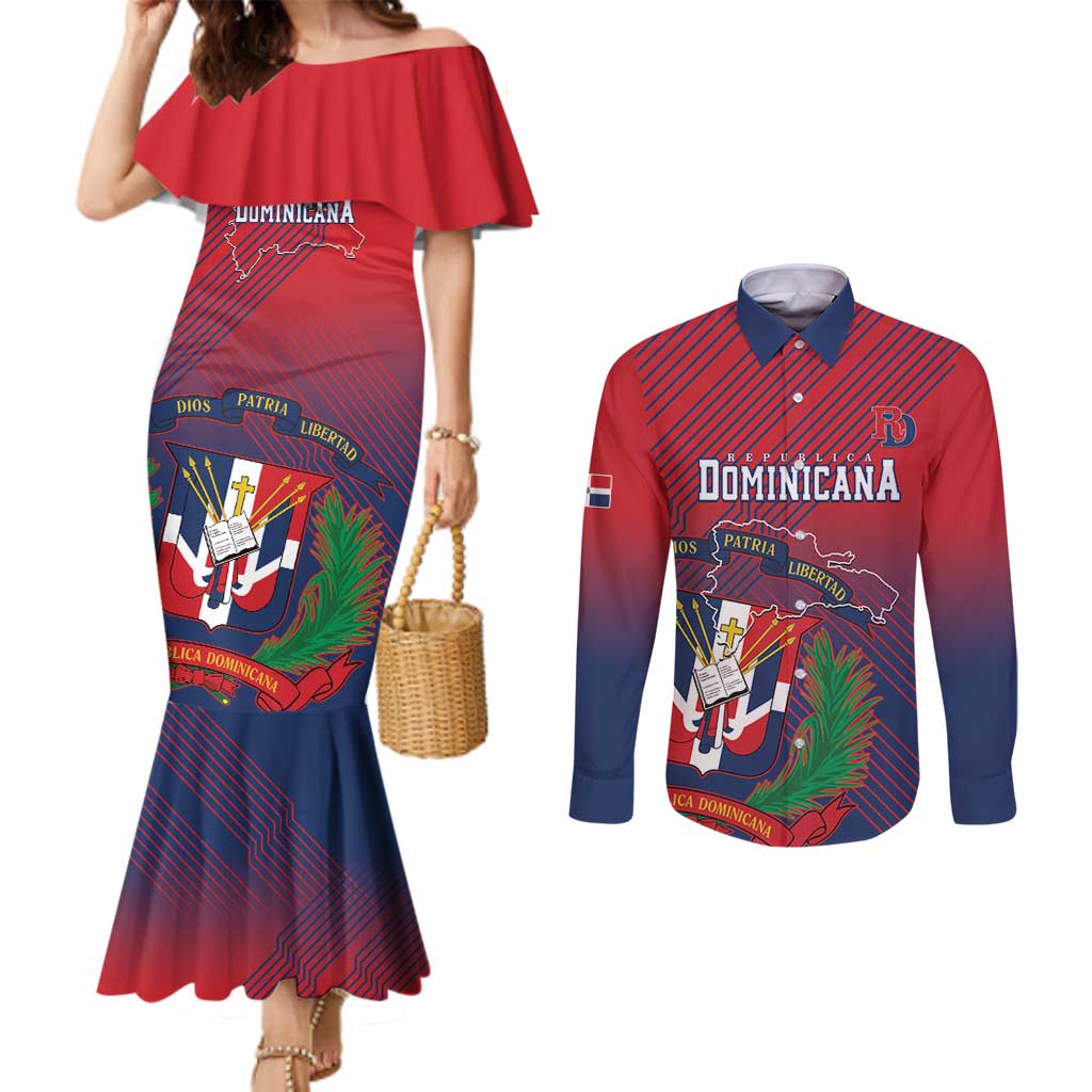 Dominican Republic 2026 Baseball Custom Couples Matching Mermaid Dress and Long Sleeve Button Shirt Coat Of Arms Gradient Style - Wonder Print Shop