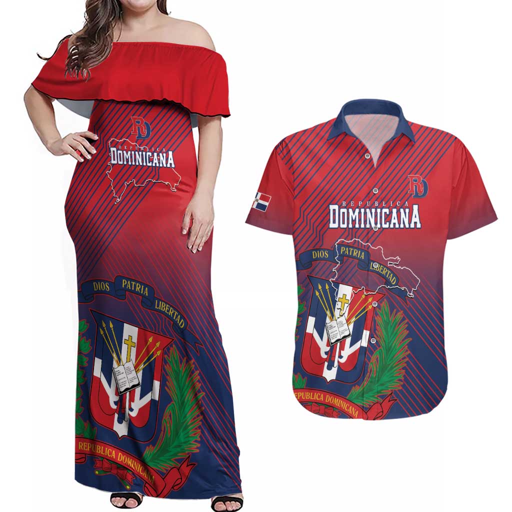 Dominican Republic 2026 Baseball Custom Couples Matching Off Shoulder Maxi Dress and Hawaiian Shirt Coat Of Arms Gradient Style - Wonder Print Shop