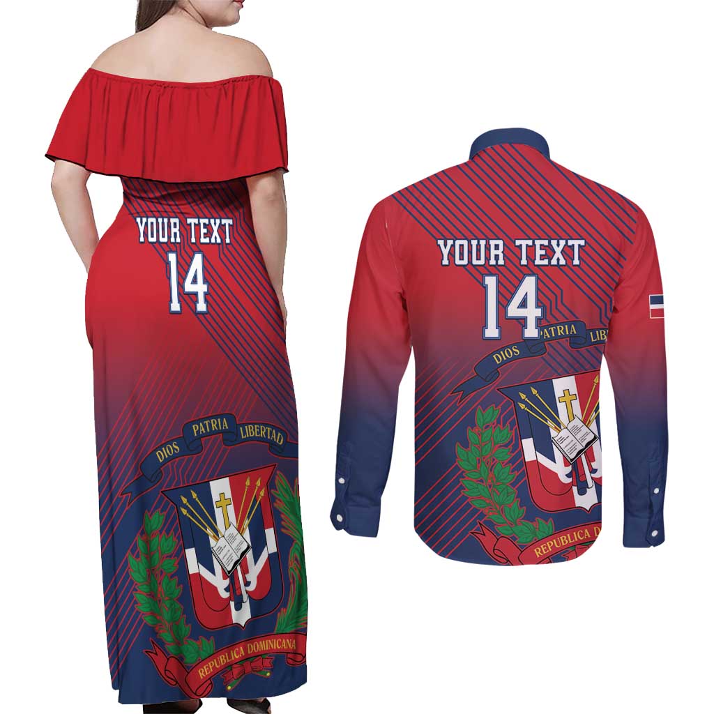 Dominican Republic 2026 Baseball Custom Couples Matching Off Shoulder Maxi Dress and Long Sleeve Button Shirt Coat Of Arms Gradient Style - Wonder Print Shop