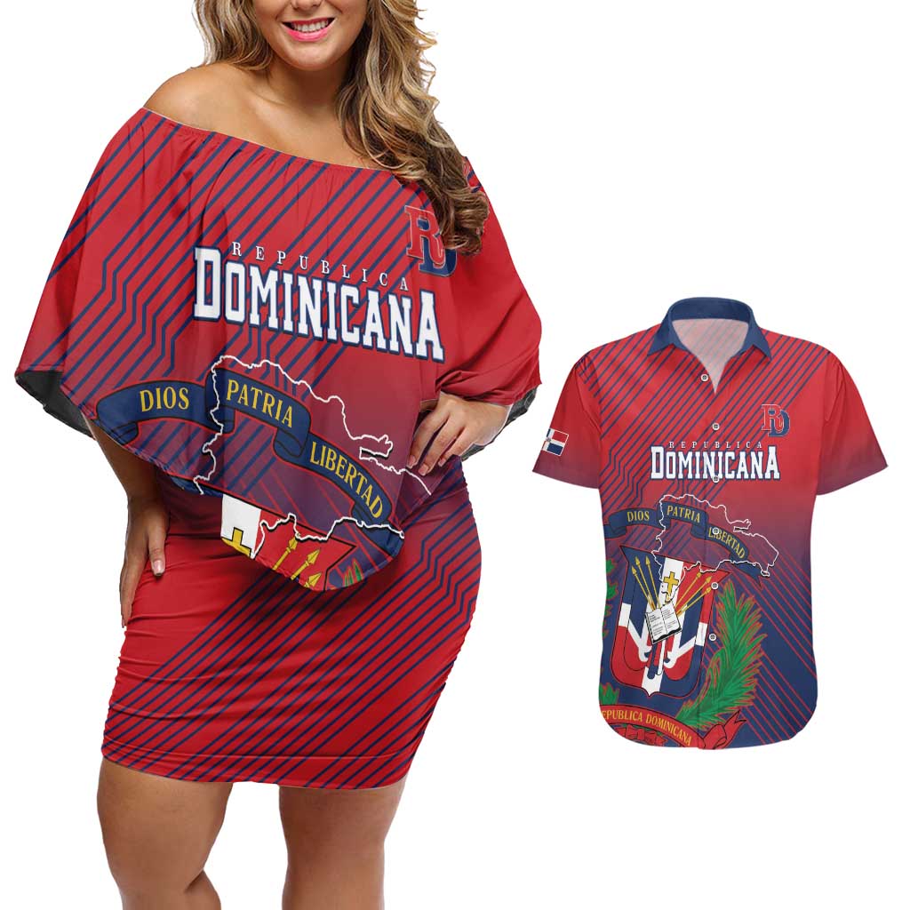 Dominican Republic 2026 Baseball Custom Couples Matching Off Shoulder Short Dress and Hawaiian Shirt Coat Of Arms Gradient Style - Wonder Print Shop