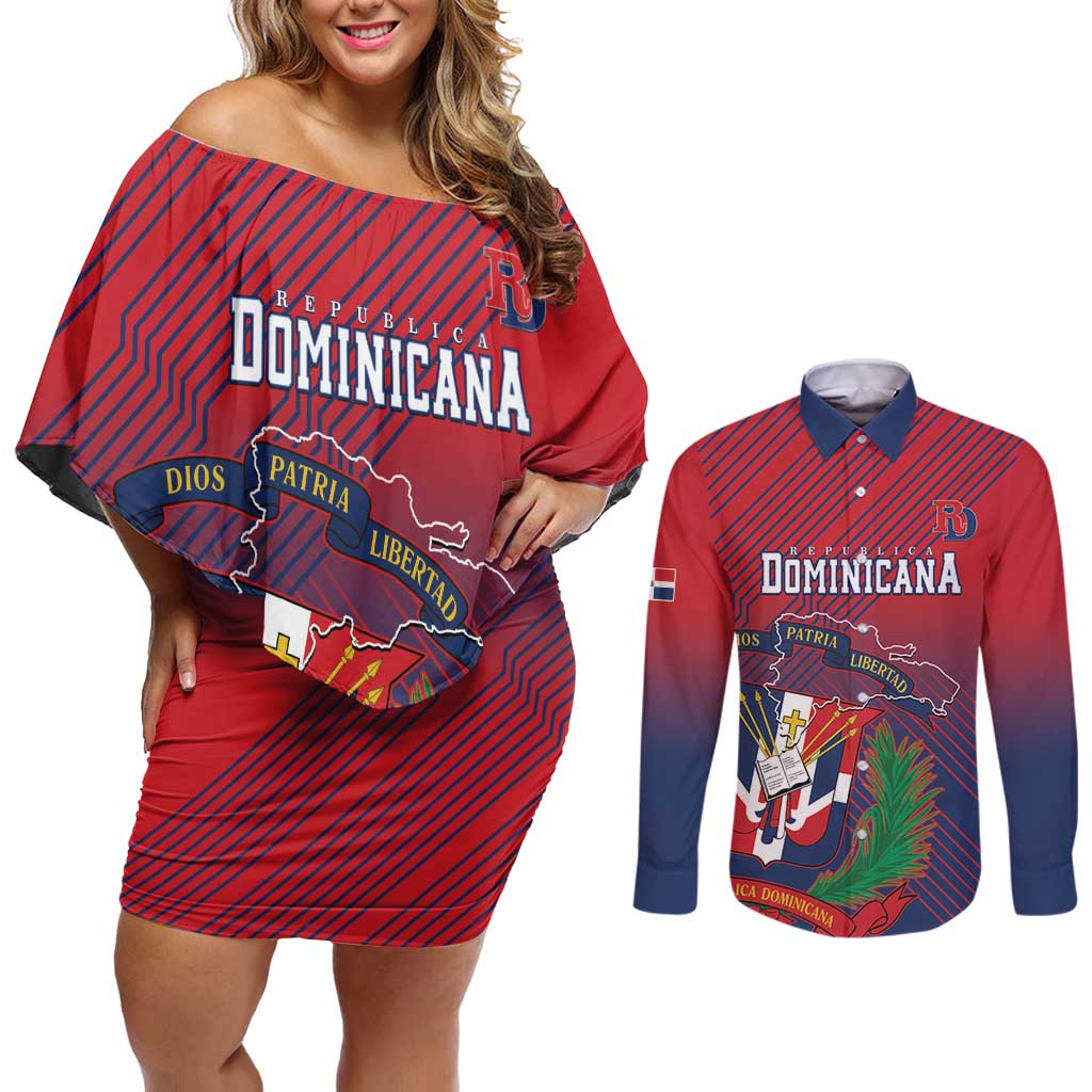 Dominican Republic 2026 Baseball Custom Couples Matching Off Shoulder Short Dress and Long Sleeve Button Shirt Coat Of Arms Gradient Style - Wonder Print Shop