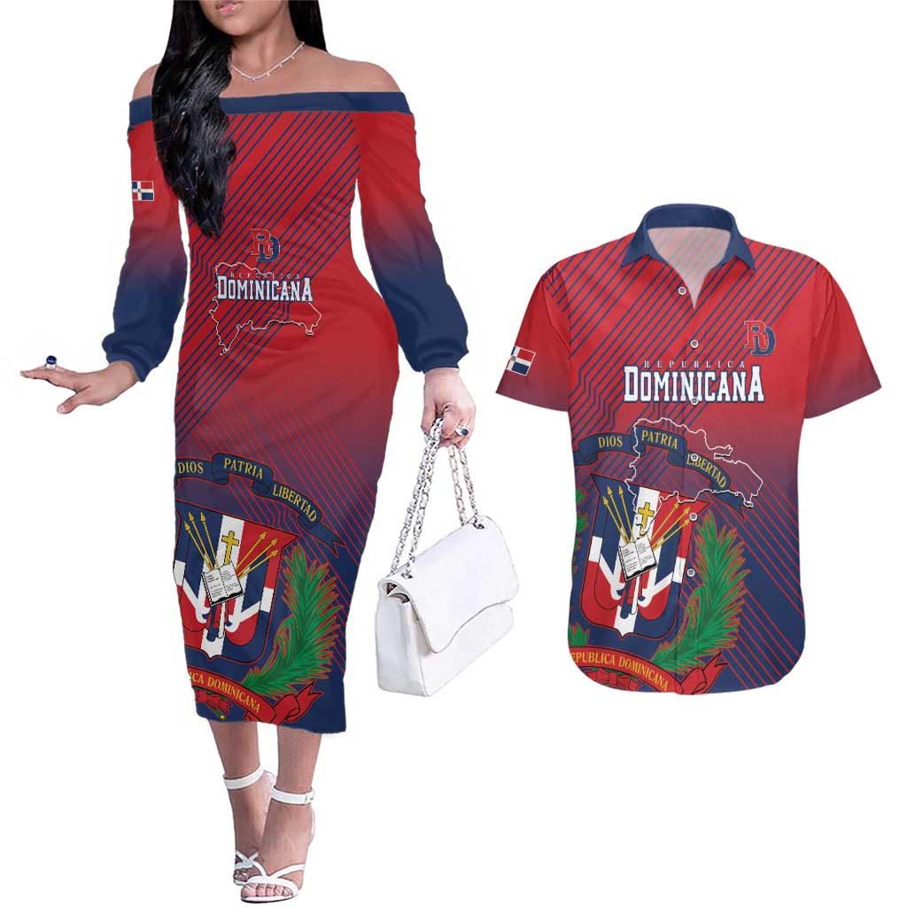 Dominican Republic 2026 Baseball Custom Couples Matching Off The Shoulder Long Sleeve Dress and Hawaiian Shirt Coat Of Arms Gradient Style - Wonder Print Shop
