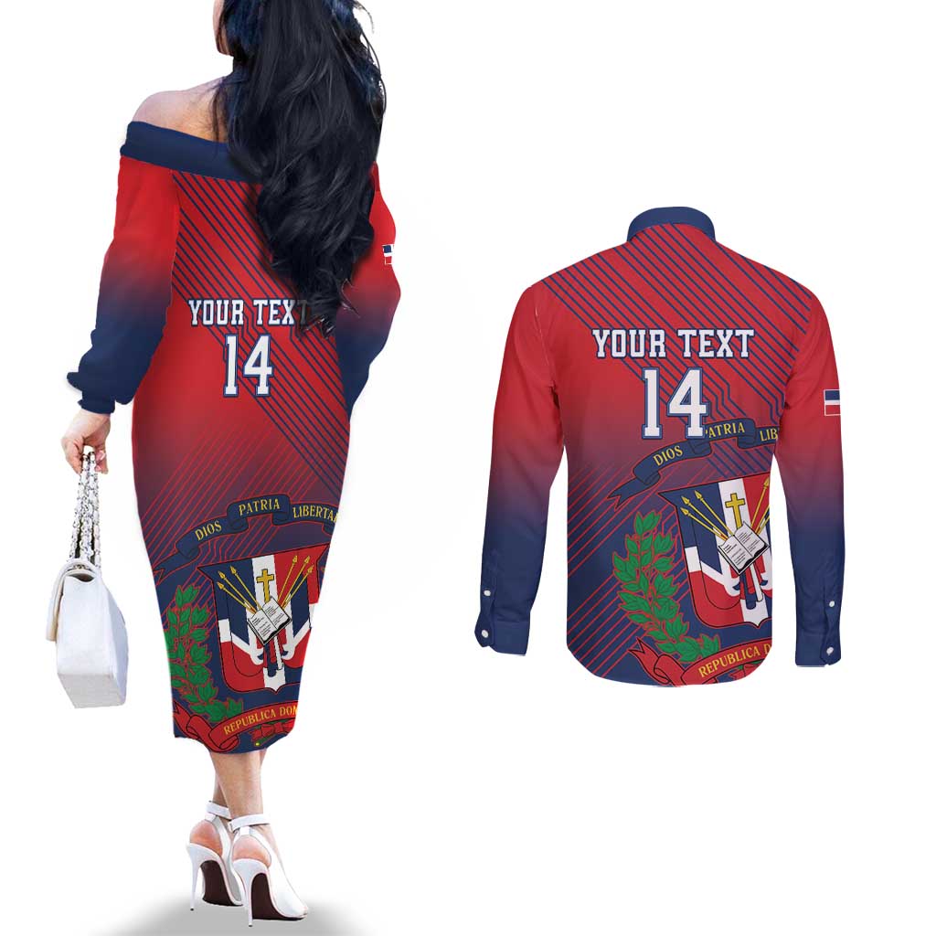 Dominican Republic 2026 Baseball Custom Couples Matching Off The Shoulder Long Sleeve Dress and Long Sleeve Button Shirt Coat Of Arms Gradient Style - Wonder Print Shop