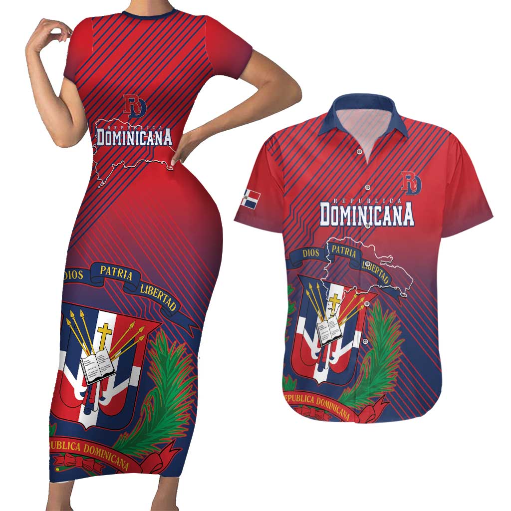 Dominican Republic 2026 Baseball Custom Couples Matching Short Sleeve Bodycon Dress and Hawaiian Shirt Coat Of Arms Gradient Style - Wonder Print Shop
