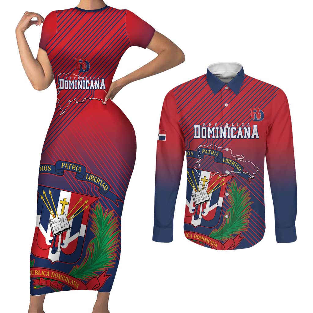 Dominican Republic 2026 Baseball Custom Couples Matching Short Sleeve Bodycon Dress and Long Sleeve Button Shirt Coat Of Arms Gradient Style - Wonder Print Shop